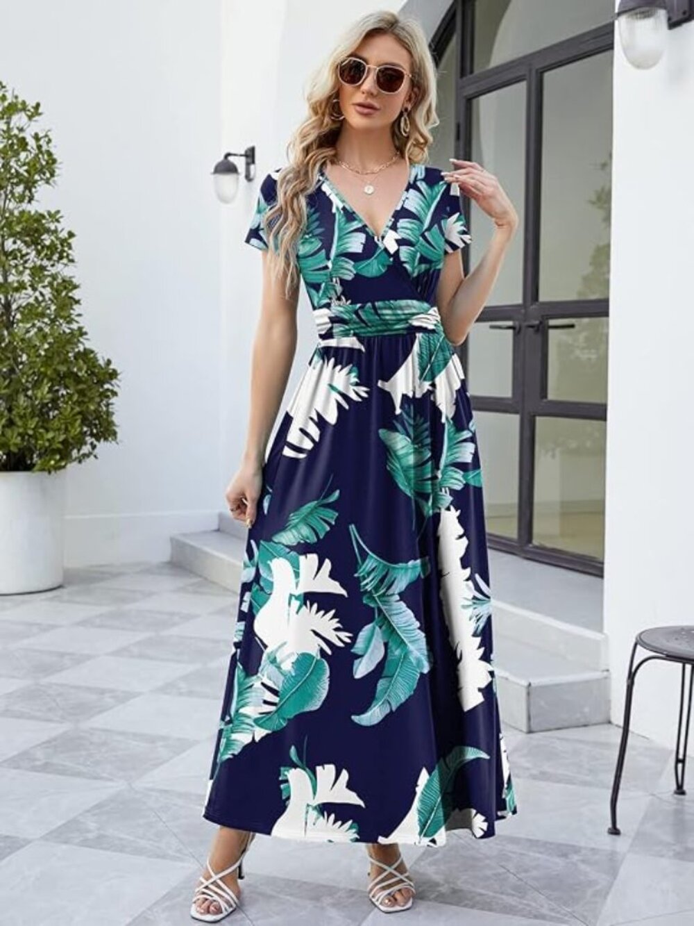 Women's 2026 Wrap V Neck Maxi Dress Short Sleeve Empire Waist Flowy Summer Long